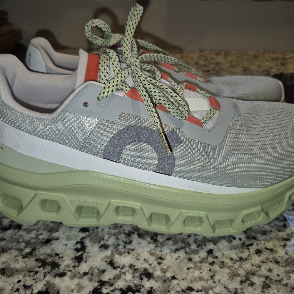 On Cloudmonster Running Gray and Green Sneakers